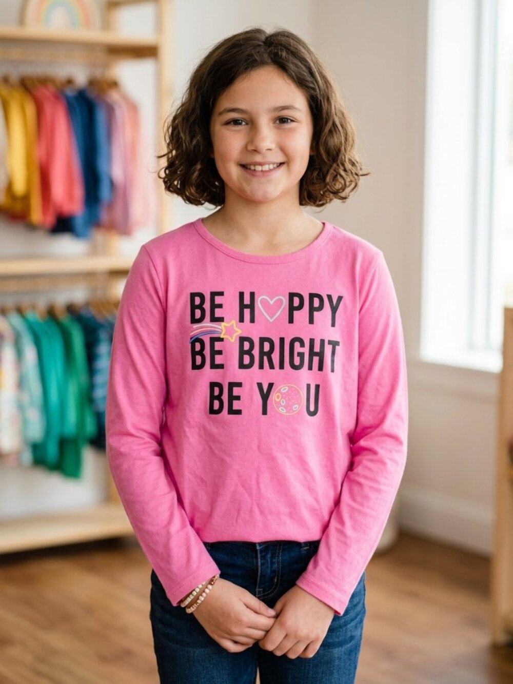 Pink Girls' Long-Sleeve Tee - Be Happy Be Bright Be You size 10/12